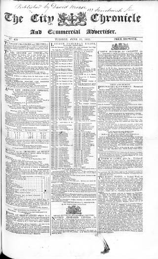 cover page of City Chronicle published on June 13, 1843