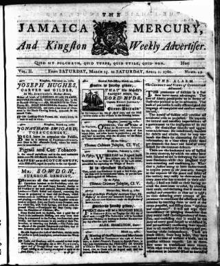cover page of Royal Gazette of Jamaica published on April 1, 1780