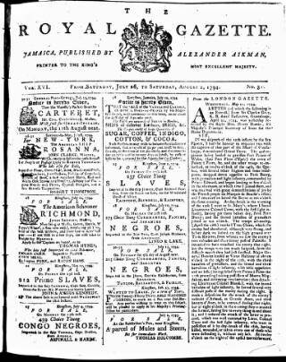 cover page of Royal Gazette of Jamaica published on August 2, 1794