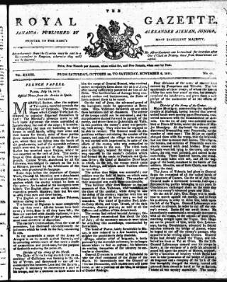 cover page of Royal Gazette of Jamaica published on November 2, 1811