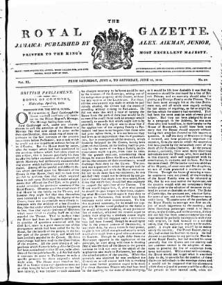 cover page of Royal Gazette of Jamaica published on June 13, 1818