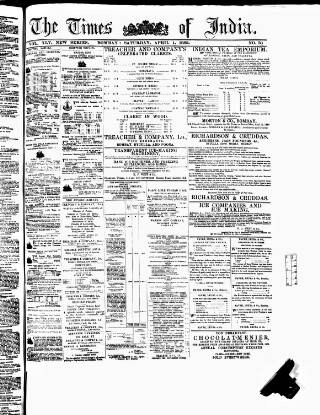 cover page of Times of India published on April 1, 1882