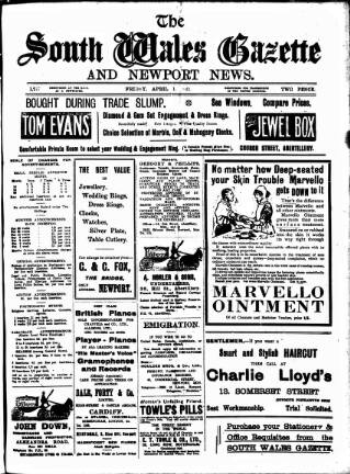 cover page of South Wales Gazette published on April 1, 1921