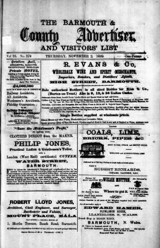 cover page of Barmouth & County Advertiser published on November 2, 1899