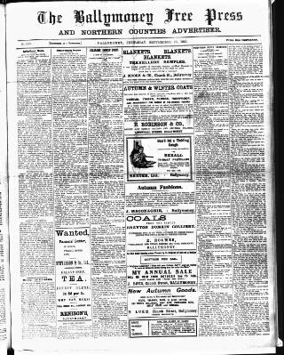 cover page of Ballymoney Free Press and Northern Counties Advertiser published on September 28, 1922