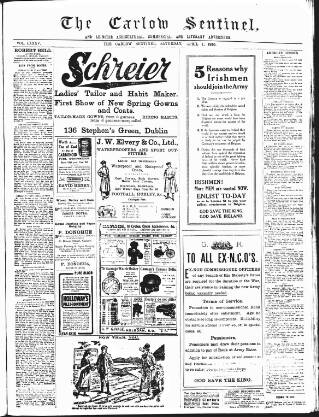 cover page of Carlow Sentinel published on April 1, 1916
