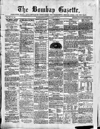 cover page of Bombay Gazette published on August 2, 1854
