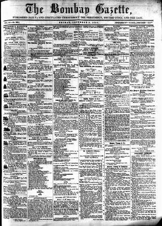 cover page of Bombay Gazette published on November 2, 1855