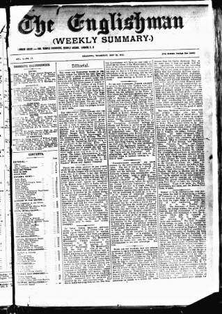cover page of Englishman's Overland Mail published on May 22, 1913