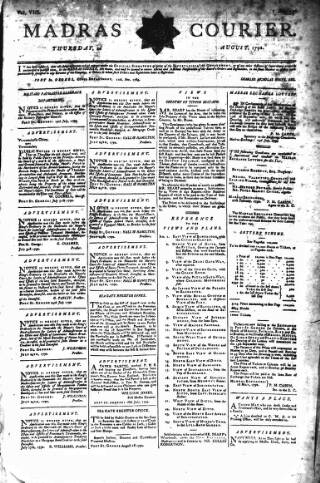 cover page of Madras Courier published on August 2, 1792