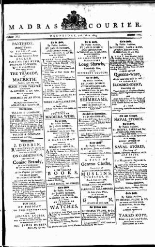 cover page of Madras Courier published on May 22, 1805