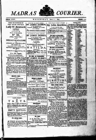 cover page of Madras Courier published on April 1, 1807