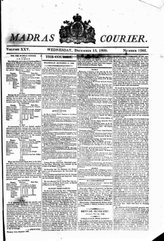 cover page of Madras Courier published on December 13, 1809
