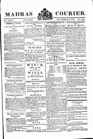 cover page of Madras Courier published on November 2, 1813