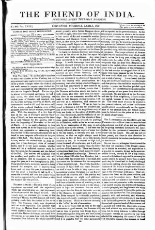 cover page of Friend of India and Statesman published on April 1, 1852