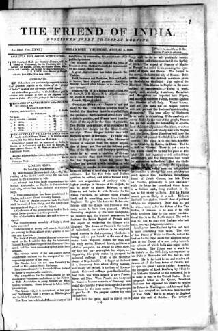 cover page of Friend of India and Statesman published on August 2, 1860