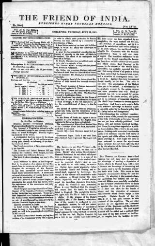 cover page of Friend of India and Statesman published on June 13, 1861