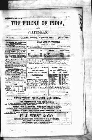 cover page of Friend of India and Statesman published on May 22, 1883