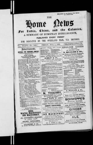 cover page of Home News for India, China and the Colonies published on April 1, 1881