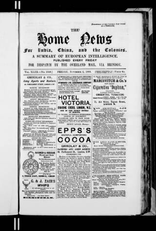 cover page of Home News for India, China and the Colonies published on November 2, 1888