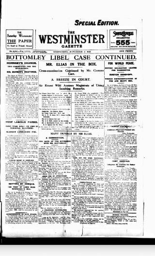 cover page of Westminster Gazette published on November 2, 1921