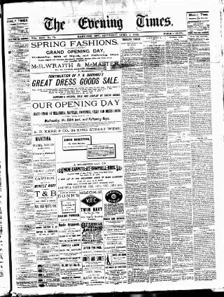 cover page of Hamilton Daily Times published on April 1, 1882