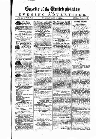 cover page of Gazette of the United States published on April 1, 1794
