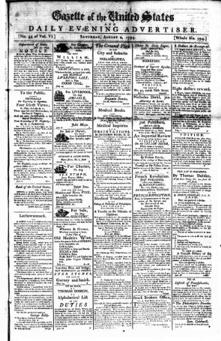 cover page of Gazette of the United States published on August 2, 1794