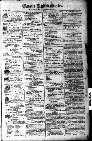cover page of Gazette of the United States published on September 22, 1795