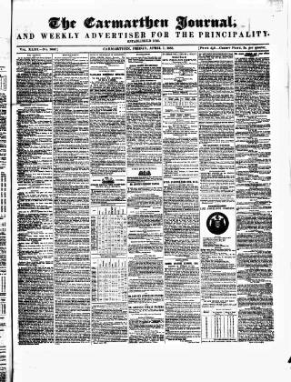 cover page of Carmarthen Journal published on April 1, 1853