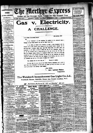 cover page of Merthyr Express published on November 2, 1907