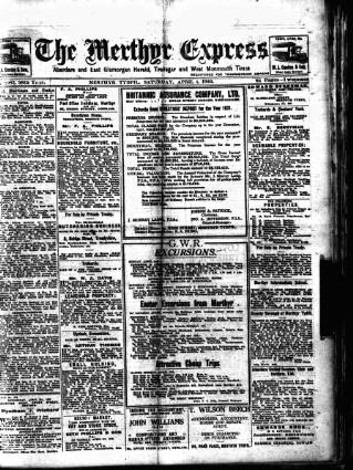 cover page of Merthyr Express published on April 1, 1922