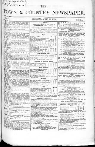 cover page of Charles Knight's Town & Country Newspaper published on April 26, 1856