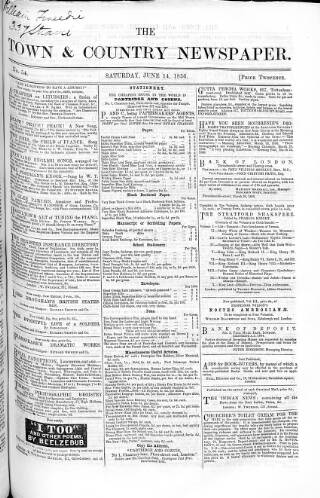 cover page of Charles Knight's Town & Country Newspaper published on June 14, 1856