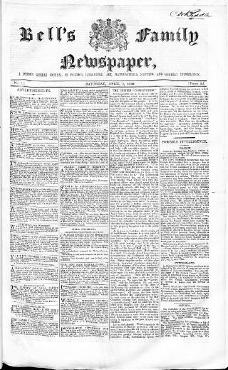 cover page of Bell's Family Newspaper published on April 3, 1858