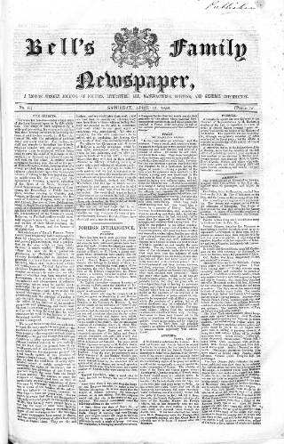 cover page of Bell's Family Newspaper published on April 17, 1858