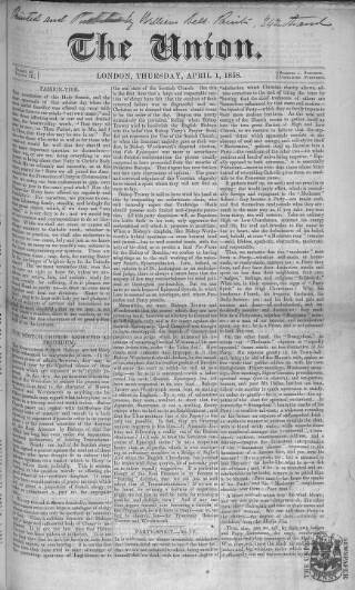 cover page of Union published on April 1, 1858