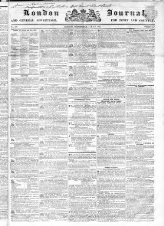 cover page of London Journal and General Advertiser for Town and Country published on June 7, 1837