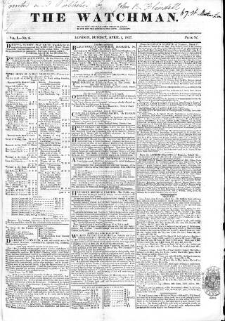 cover page of Watchman published on April 1, 1827