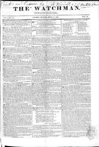 cover page of Watchman published on June 17, 1827