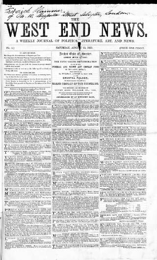 cover page of West End News published on August 13, 1859