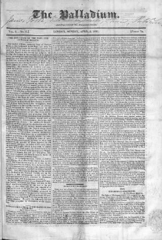 cover page of Palladium 1825 published on April 2, 1826
