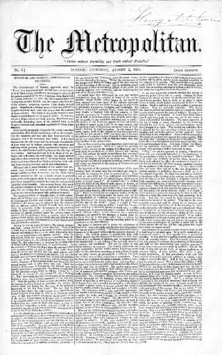 cover page of Metropolitan published on August 2, 1856