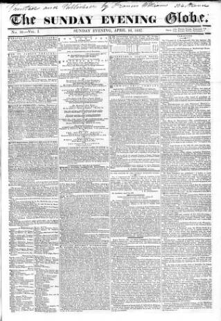 cover page of Sunday Evening Globe published on April 16, 1837