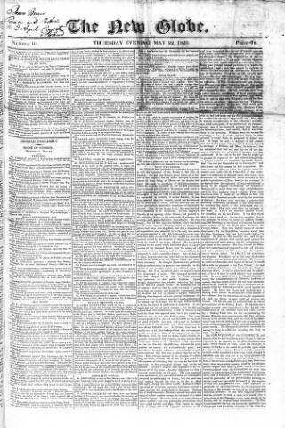 cover page of New Globe published on May 22, 1823