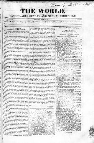 cover page of World and Fashionable Sunday Chronicle published on May 25, 1818