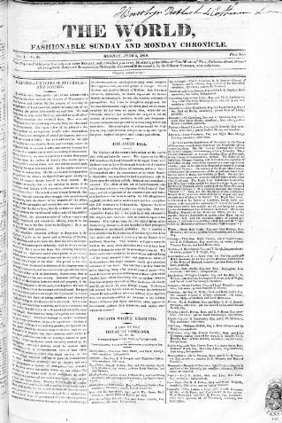 cover page of World and Fashionable Sunday Chronicle published on June 8, 1818