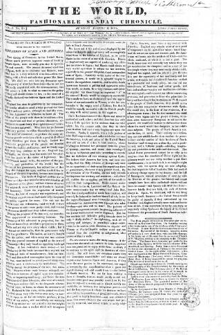 cover page of World and Fashionable Sunday Chronicle published on August 2, 1818