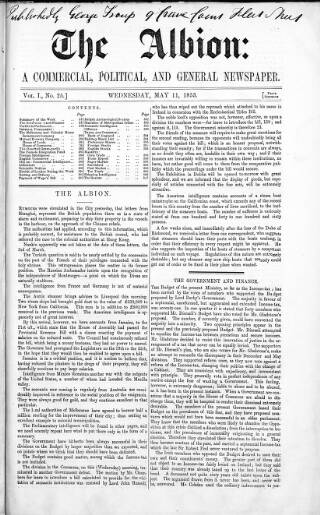 cover page of Albion published on May 11, 1853