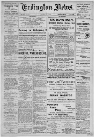 cover page of Erdington News published on May 22, 1909